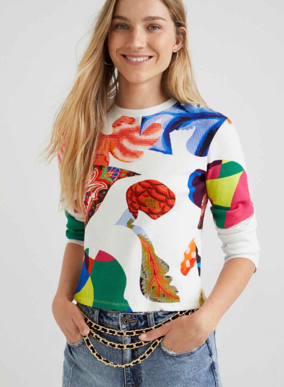 Desigual Womens L White Multi Mira Long Sleeve T-Shirt Designer Artwear